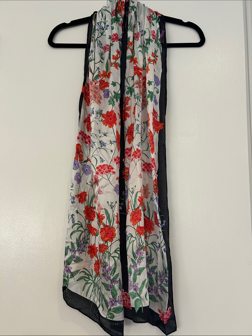 Floral Print Navy-Trim Decorative Scarf